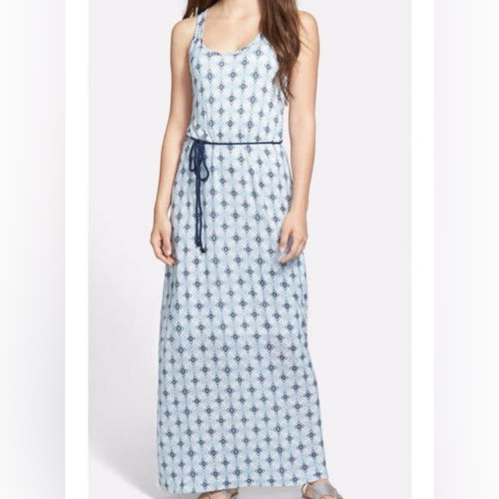 NWT $99 Lucky Brand Belted Sleeveless Maxi Dress Blue/Ivory Diamond Print 1X